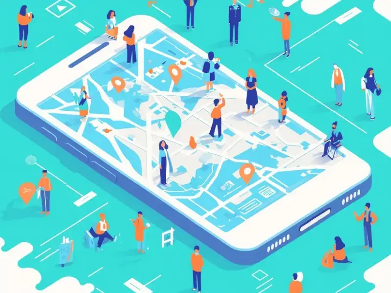 Isometric smartphone map illustration with location pins and networked community figures in business directory